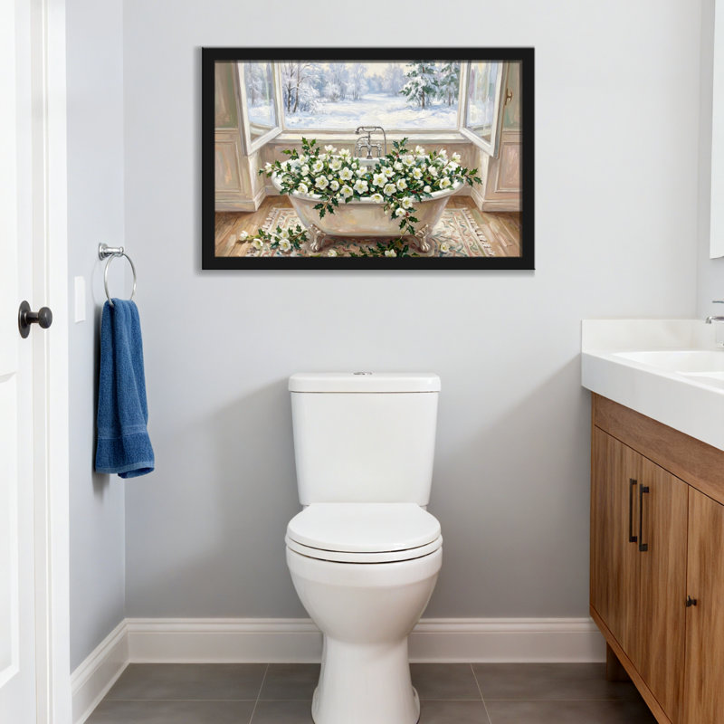 Baignoire avec fleurs, scène d'hiver vue de la fenêtre, H 20 po x l 30 po, Toile tendue, Ne s’applique pas