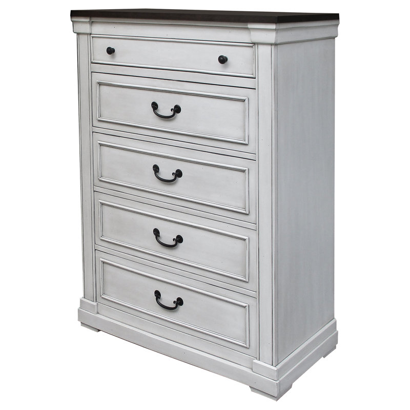Commode de chambre à 5 tiroirs Arneta - blanc vieilli