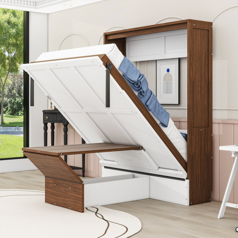 Lit escamotable en bois avec bureau, Noyer gris