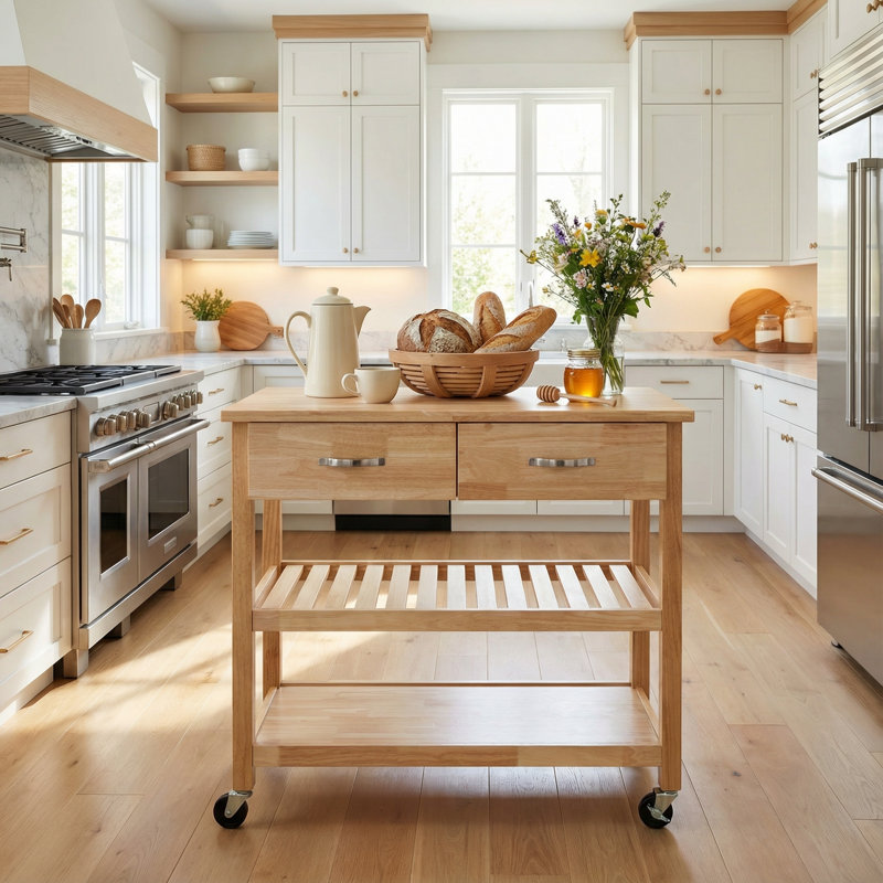 Chariot de cuisine Cherise avec comptoir personnalisable, Bois massif