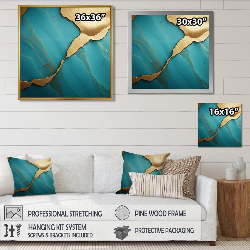 Touche d'art sur agate turquoise - marbre, Toile avec cadre flottant noir, H 16 po x l 16 po x P 1 po