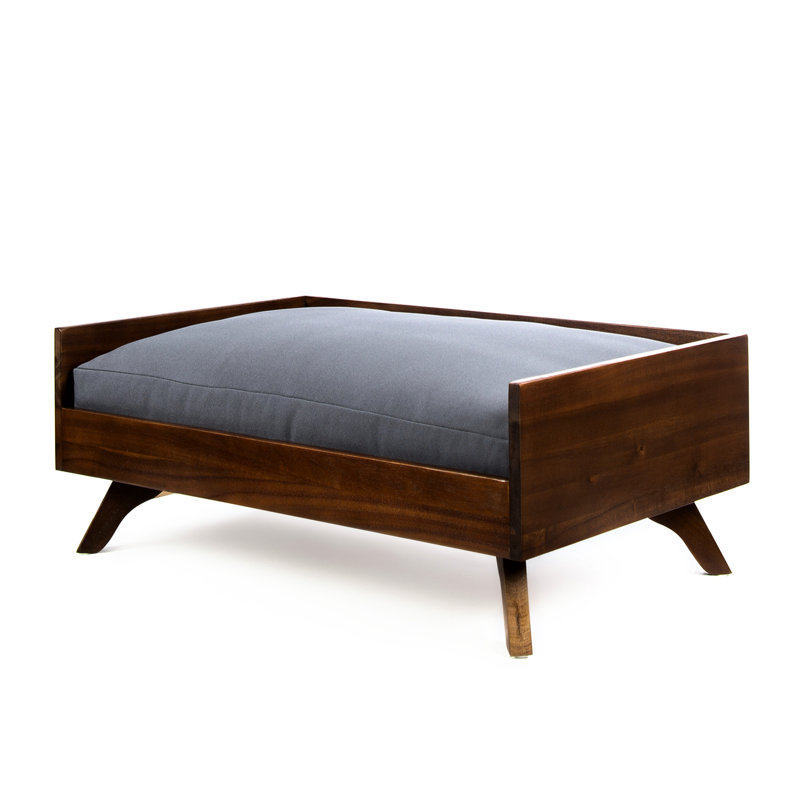 Chien en bois massif, style Mid-Century, lit avec matelas de haute qualité, finition chêne foncé, coussin gris, forme rectangulaire, eau, 17,66 po de profondeur x 29,56 po de largeur, 10,99 po d'élégance, matériau, housse,
