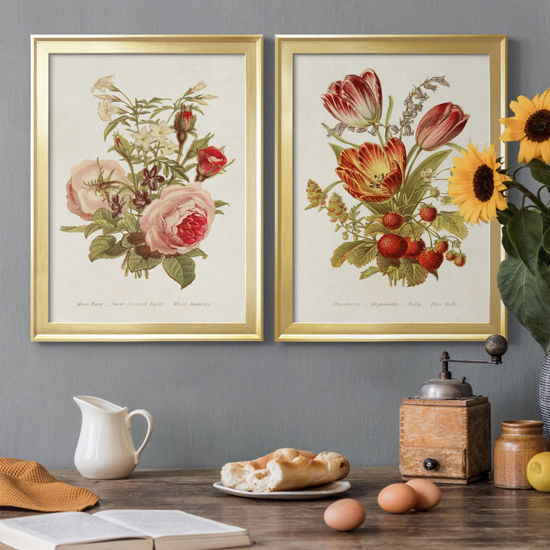 Antique Floral Bouquet III - Ensemble de 2 impressions sur toile encadrées, H 36,5 po x l 26,5 po x P 1,25 po, Cadre doré