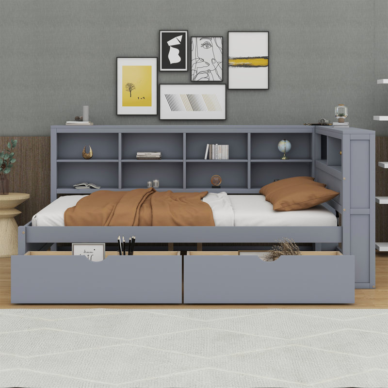Wooden Daybed With Drawers,Storage Shelf And USB Charging Ports, Gray, Full / Double