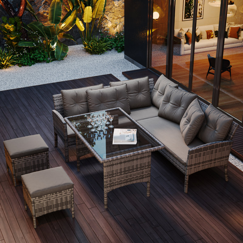 7 - Person Wicker Patio Dining Set with Rectangular Table, Grey, Grey