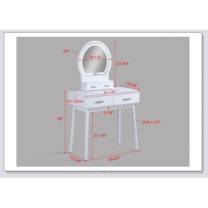 3Pc Vanity Table And Stool Set With LED-Lit Mirror, Spacious Storage, And Gold Accents For Modern Elegance And Functionality