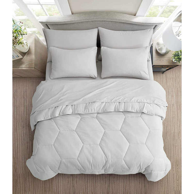 Washed Microfiber 7-Pieces Honeycomb Comforter Set with Sheets, Twin Comforter + 4 Additional Pieces, Light Gray
