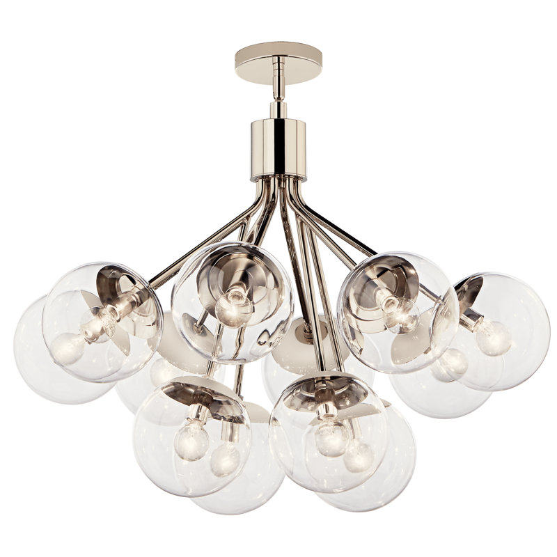Steel Dimmable Globe Chandelier, Polished Nickel, 22.25" H x 30" W x 30" D, 12