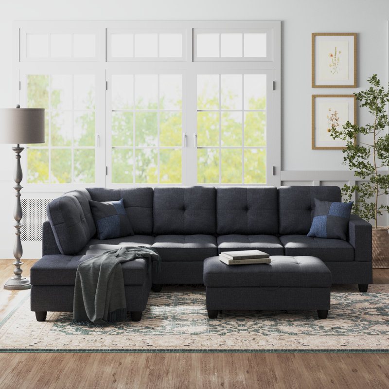 Asenath Upholstered Sectional, Left Hand Facing, Green Linen Blend