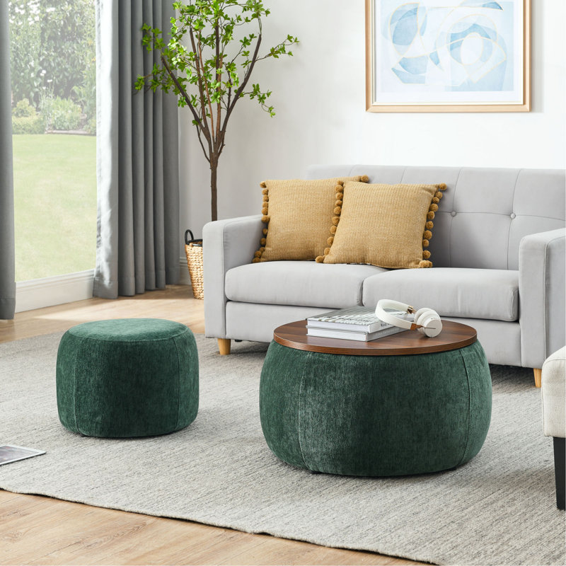 Repose-pieds rond avec rangement, fonction 2 en 1, table de bout et repose-pieds, avec petit siège (SEULEMENT OTTOMAN), Vert