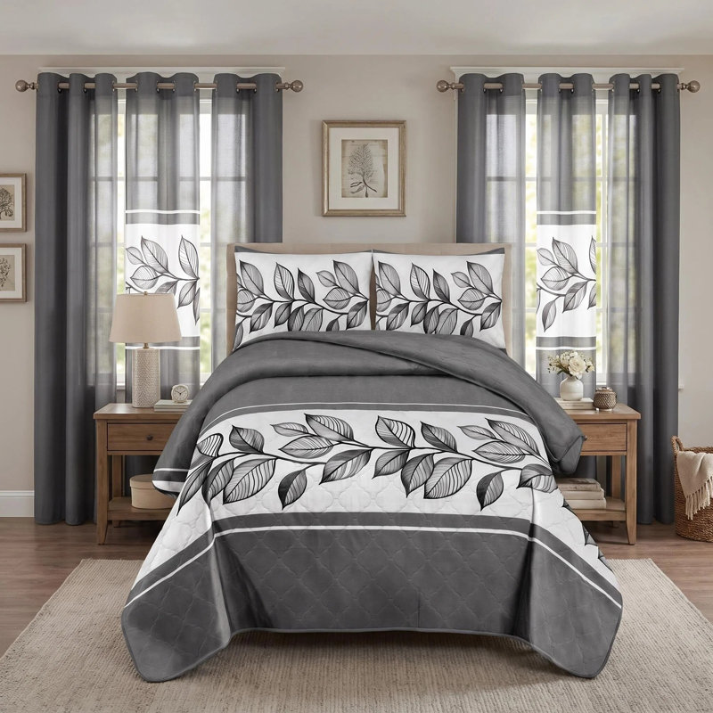 Ensemble de couvre-lit et rideau en microfibre 9 pièces 9 pièces avec 2 taies décoratives et 6 panneaux de rideau à œillets filtrant la lumière
