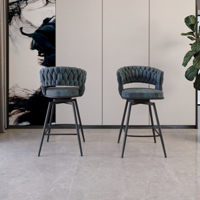 26" Bar Chair Suede Woven Bar Stool Set of 2,Black legs Barstools No Adjustable Kitchen Island Chairs,360 Swivel Bar Stools Upholstered Bar Chair Counter Stool Arm Chairs with Back Footrest (Blue)