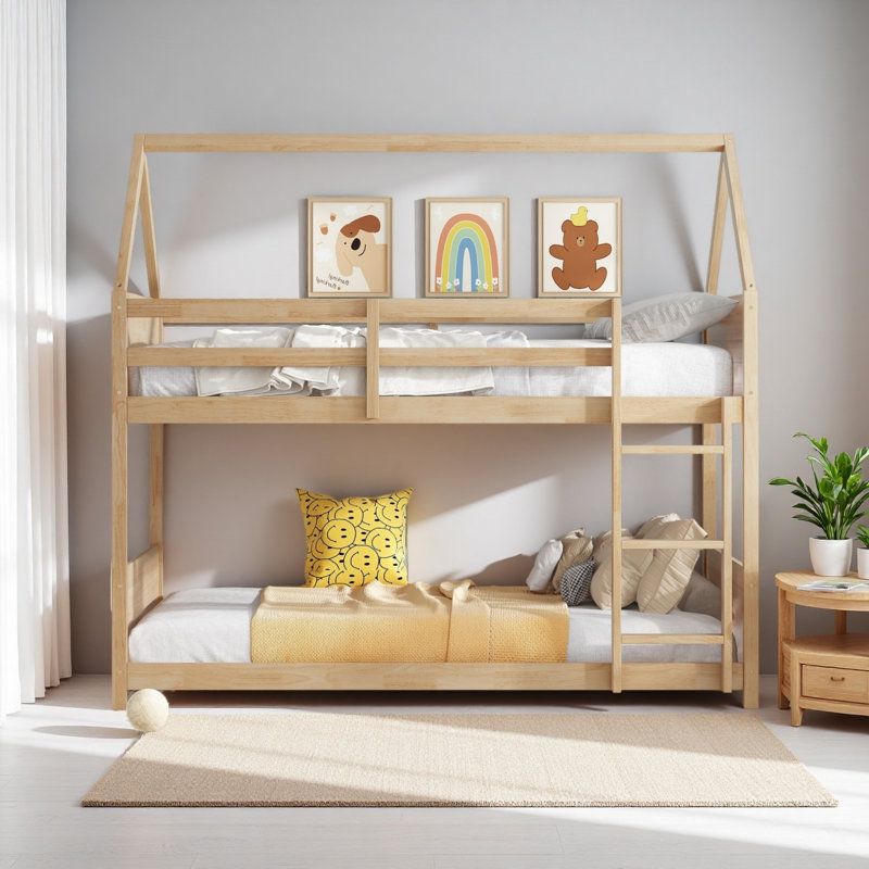 Twin Over Twin House Floor Bunk Bed With Headboards, Footboards And Guardrails, Ladder, Rubber Wood Bunk Bed With Safety Guardrails