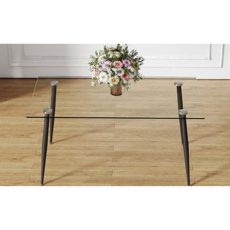 Table rectangulaire en verre trempé pour 4-6 - Bureau de style moderne avec pieds en métal noir, plateau de cuisine, salle à manger et salon avec siège scintillant