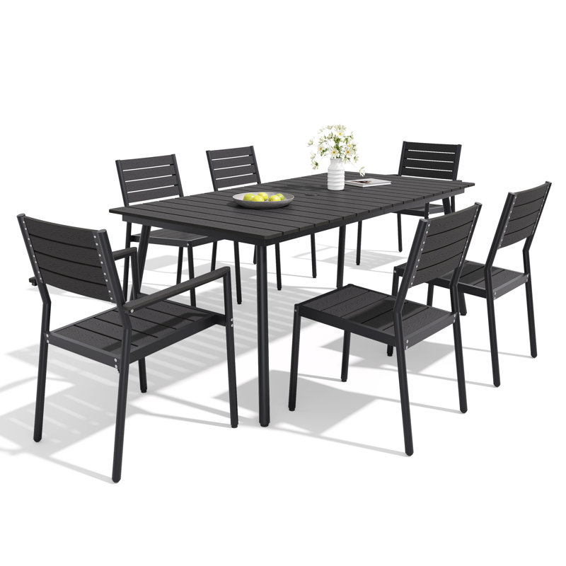 Ensemble repas pour 6 personnes en aluminium avec chaises empilables et trou pour parasol, Noir, noir, noir, noir