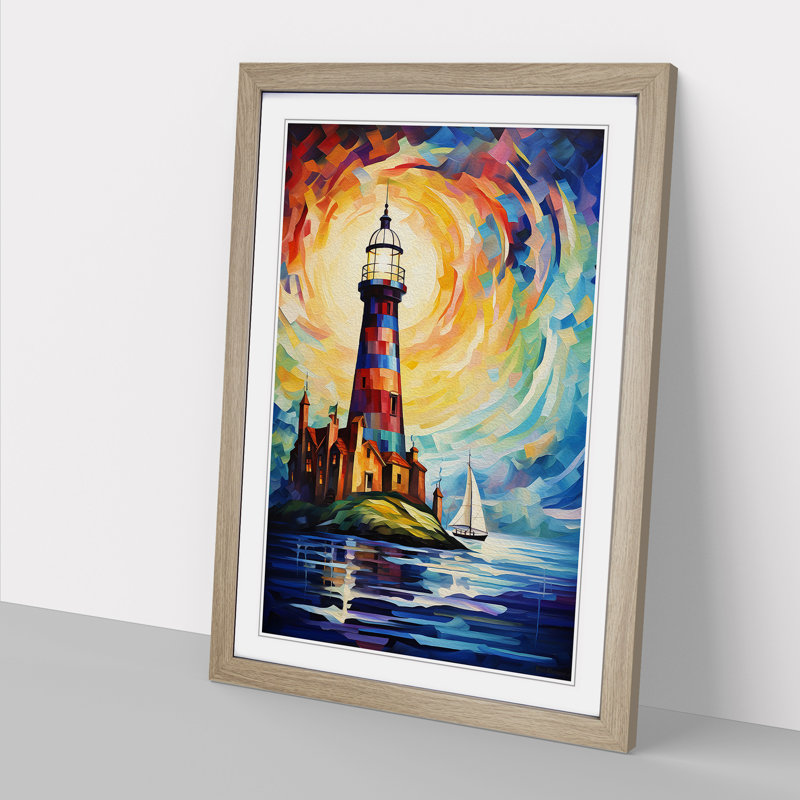 Lighthouse Abstract Art - Framed Print, 34cm H x 25cm W x 2cm D, Oak Framed