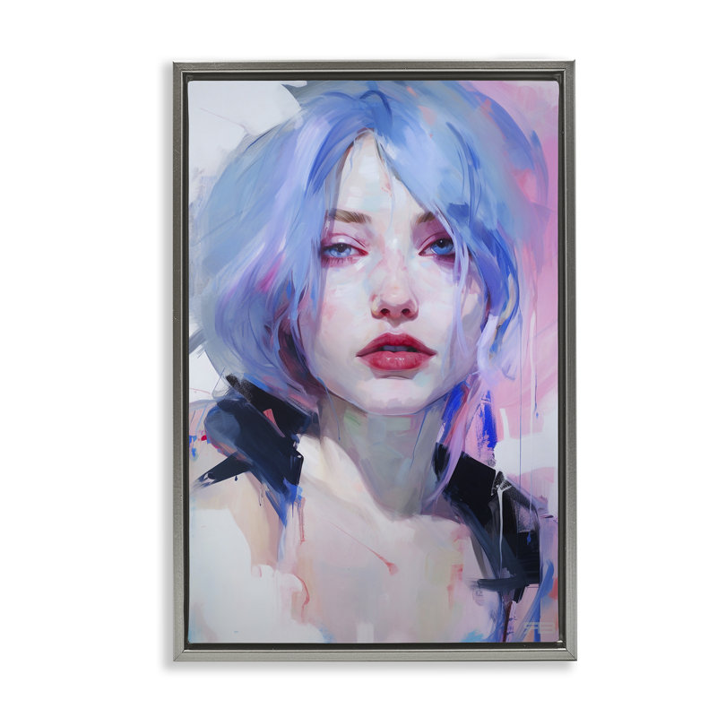 Toile flottante «Blue Haired Woman» par Roozbeh Bahramali, H 25 po x l 17 po, Cadre flottant gris lustré