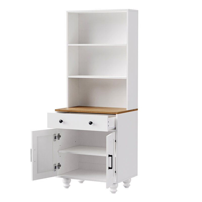Armoire de rangement Farmhouse avec 4 pieds en bois massif en forme de gourde, armoire de cuisine moderne avec tablettes réglables, bibliothèque à 5 niveaux avec tiroir