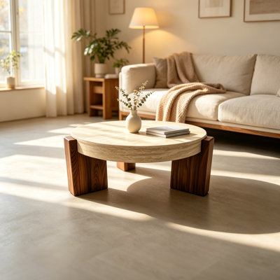 Table basse ronde 32 po avec plateau en pierre frittée et piédestal géométrique à grain de bois 32 po