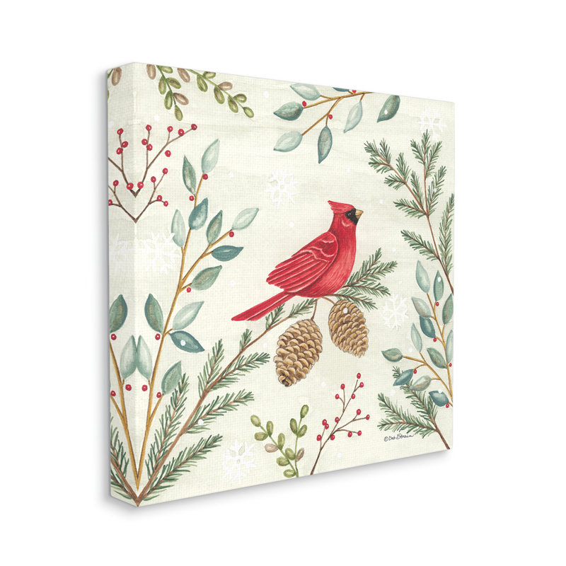 Cardinal et pommes de pin en hiver sur toile par Deb Strain, H 24 po x l 24 po x P 1,5 po