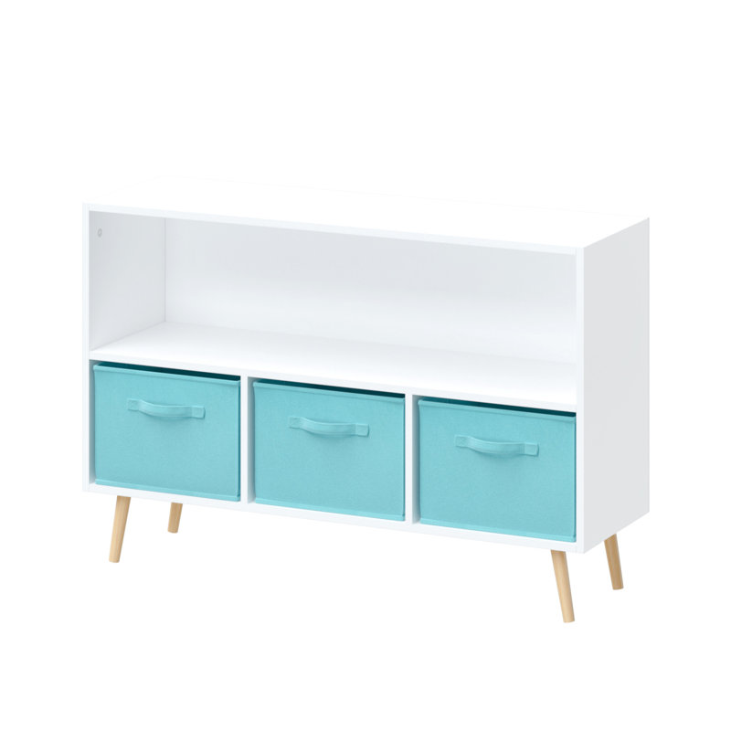 Kids Bookcase With Collapsible Fabric Drawers, White/Blue