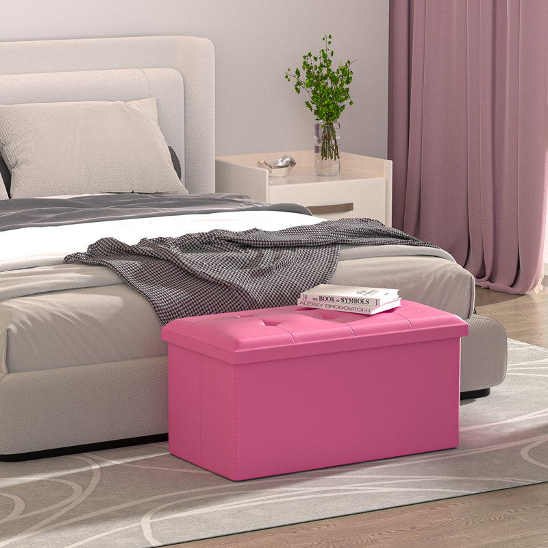 Incera Upholstered Folding Storage Ottoman Bench, Button Tufted Ottoman Footrest, End of Bed Bench, Pink