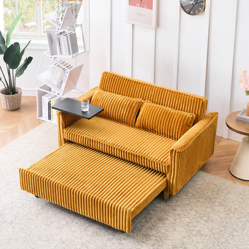 Yellow Corduroy 2 - Seater With Movable Table, Charging, Rollers At Bottom, Soft Cushions, Suitable For Living Room Seat Bed Design, Tabletop, Ports, Skin Fabric, Easy Setup, Good Area