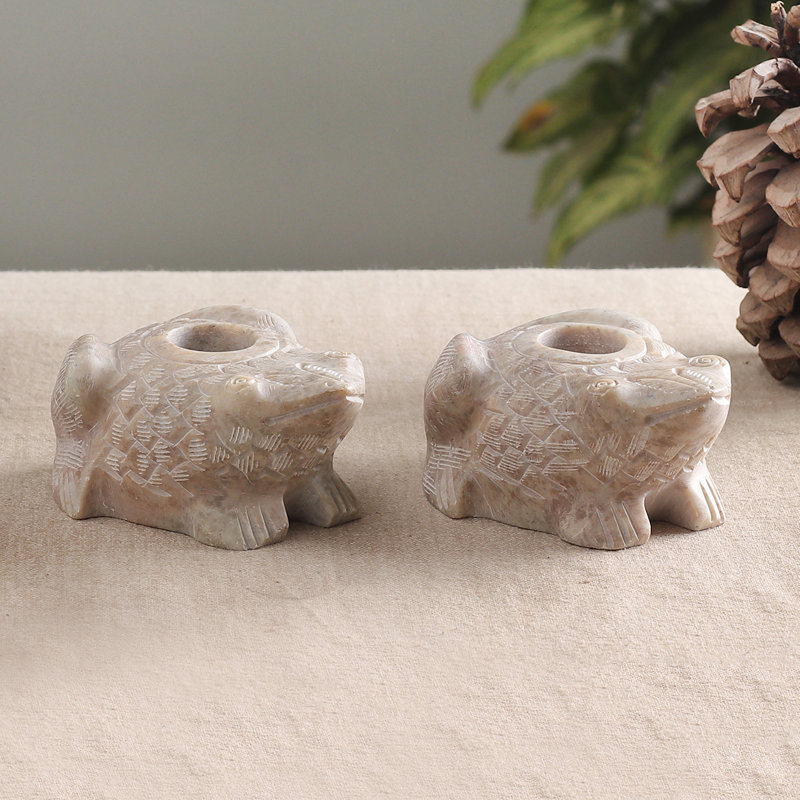 Novica Handmade Charming Frogs Soapstone Candle Holders (Pair)