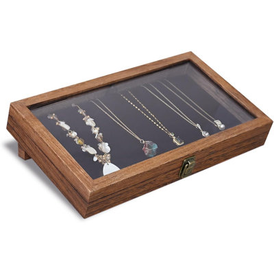 Tempered-Glass Top Wooden Jewelry Display Case with Removable Base, Black Luxurious Velvet Jewelry Display Pad & 20 Removable Pins