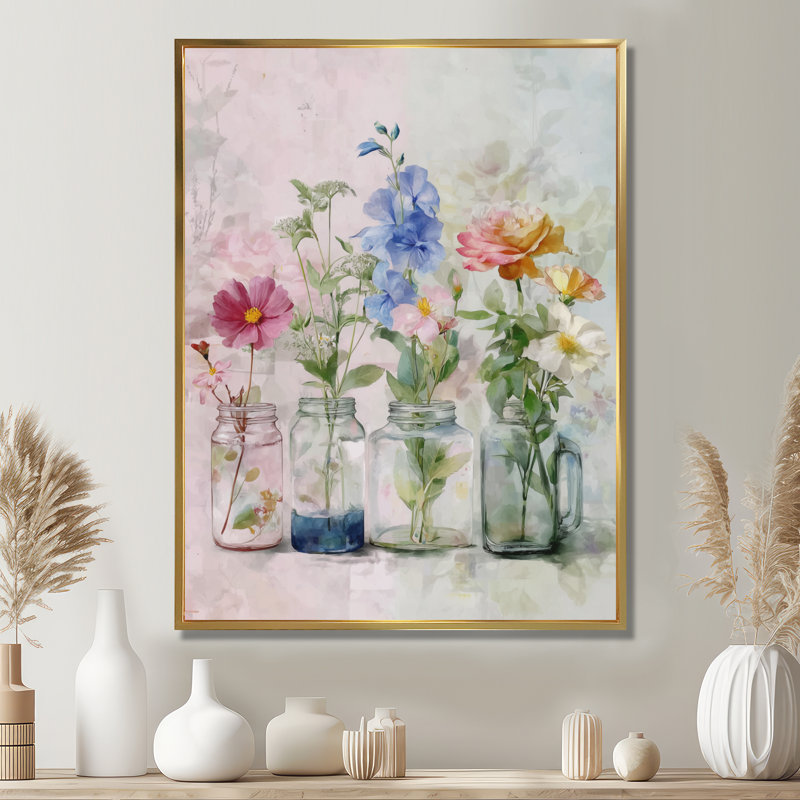 Maison de campagne avec bouquets de fleurs sauvages, H 40 po x l 30 po, Cadre flottant, Doré