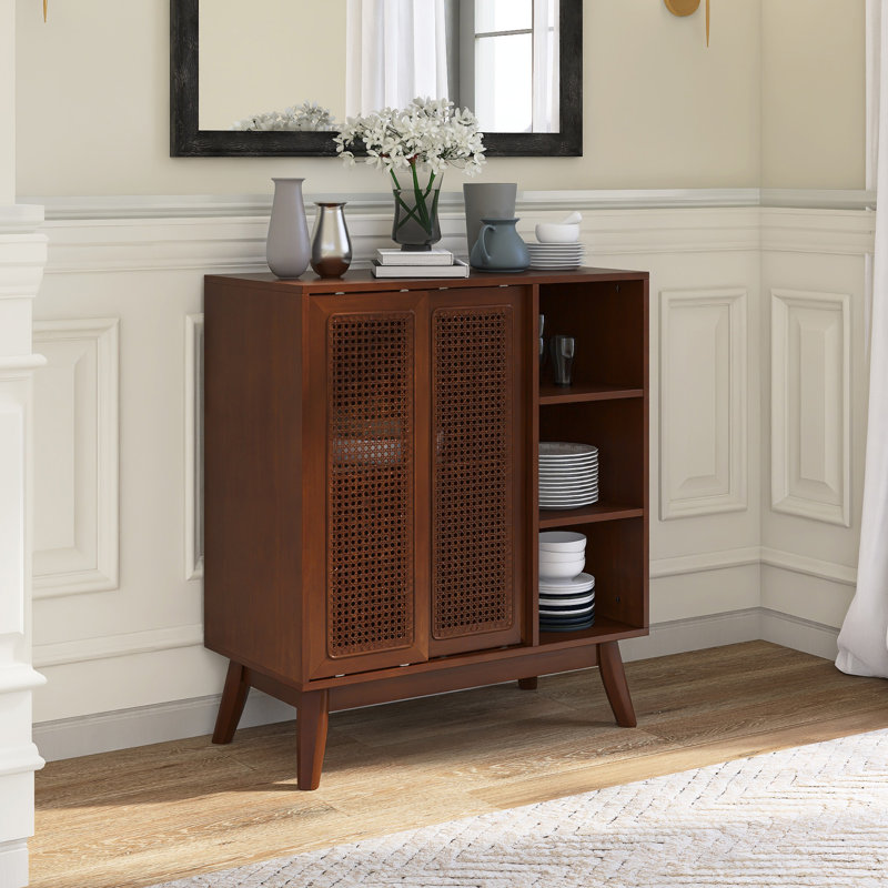 31.5" Wood Mid Century Modern Rattan Sideboard With Adjustable Shelf
