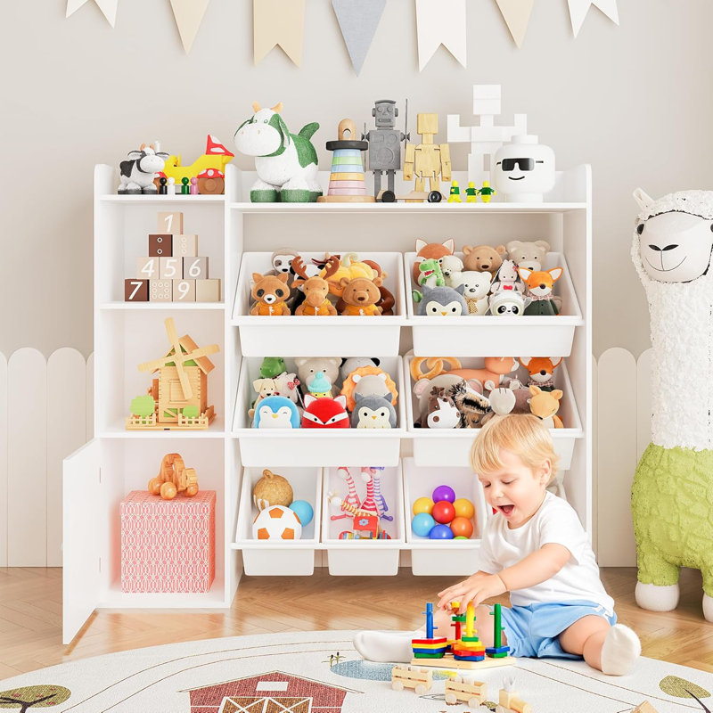 Rangement pour jouets pour enfants avec 8 bacs amovibles et bibliothèque, bois d'ingénierie, Blanc