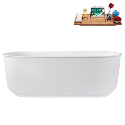 67" Streamline Soaking Glossy White Freestanding Tub and Tray With Internal Drain