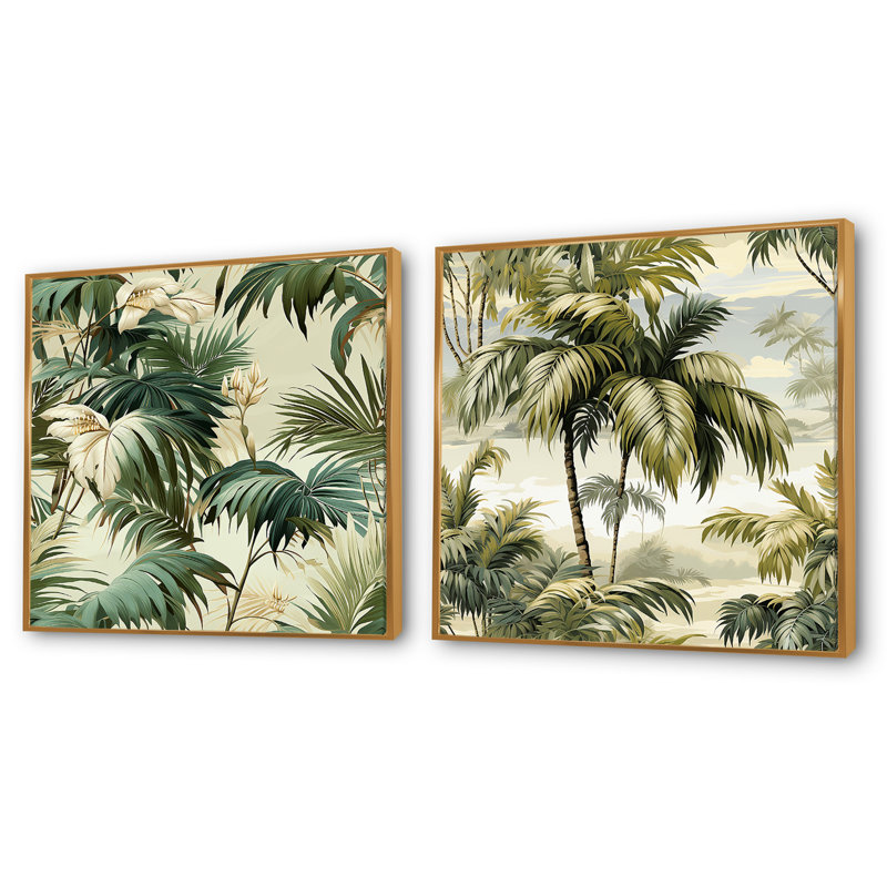 Coplyn - Ensemble de 2 collages carrés tropicaux, Cadre flottant doré, H 36 po x l 73 po