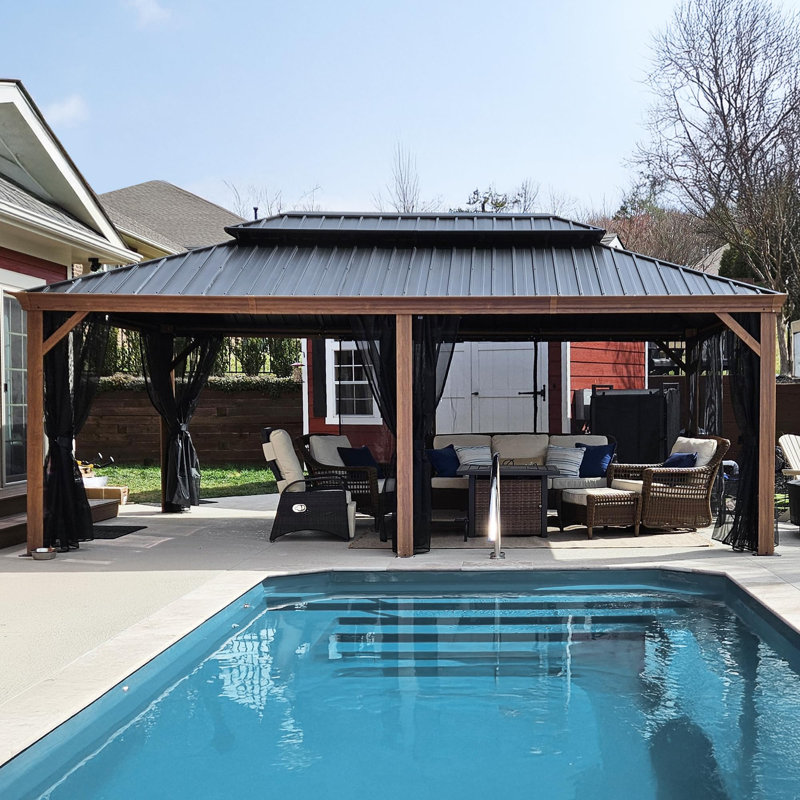 PURPLE LEAF Hardtop Gazebo for Patio Wood Grain Galvanized Steel with Netting, 12' X 20'