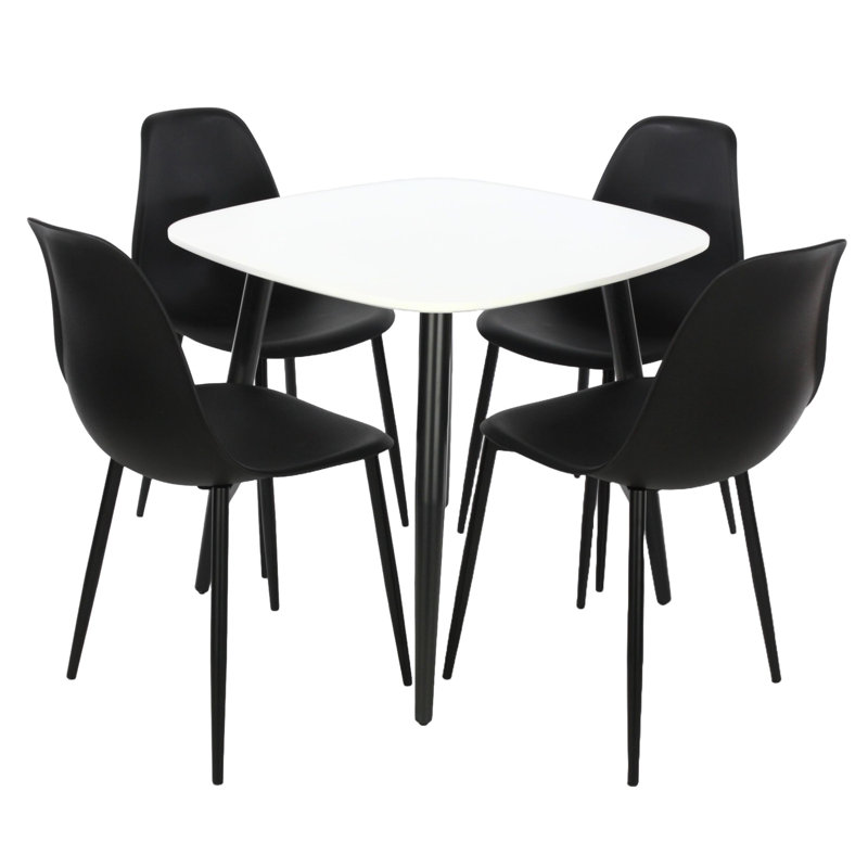 Aspen 5-Piece Casual Dining Set - Compact Square Table & 4 Curved Plastic Chairs, Black, White