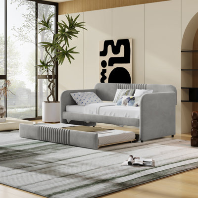 Upholstered Twin Size Daybed Sofa Bed with Trundle, Wood Slat Support, Velvet Upholstery, Gray