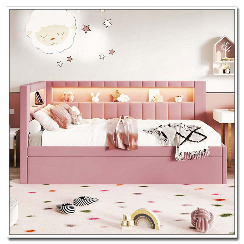 Upholstered Daybed with USB Ports and LED Belt, With Trundle, Twin, Pink