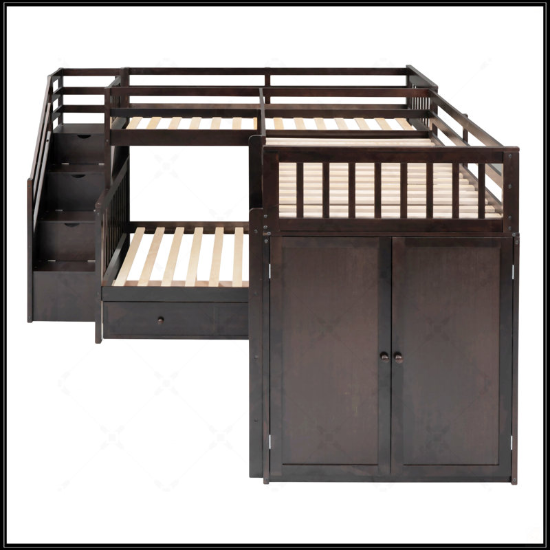 Lit superposé simple en L simple avec tiroirs, bureau portable et garde-robe pour plus d'espace et de polyvalence