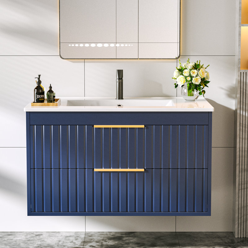30" Floating Wall Mount Single Bathroom Vanity with Ceramic Sink Top, Blue/Gold