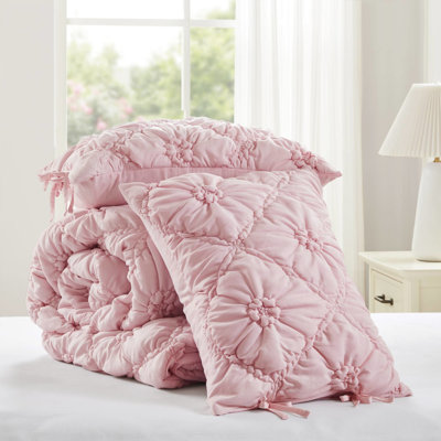 3Pcs Full Comforter , Textured Floral Design Comforter, Elastic Ruching, Cloud - Like Softness, All Season Comfort, Pink With Tie Accents, Lightweight Warmth, Use, Easy To Clean