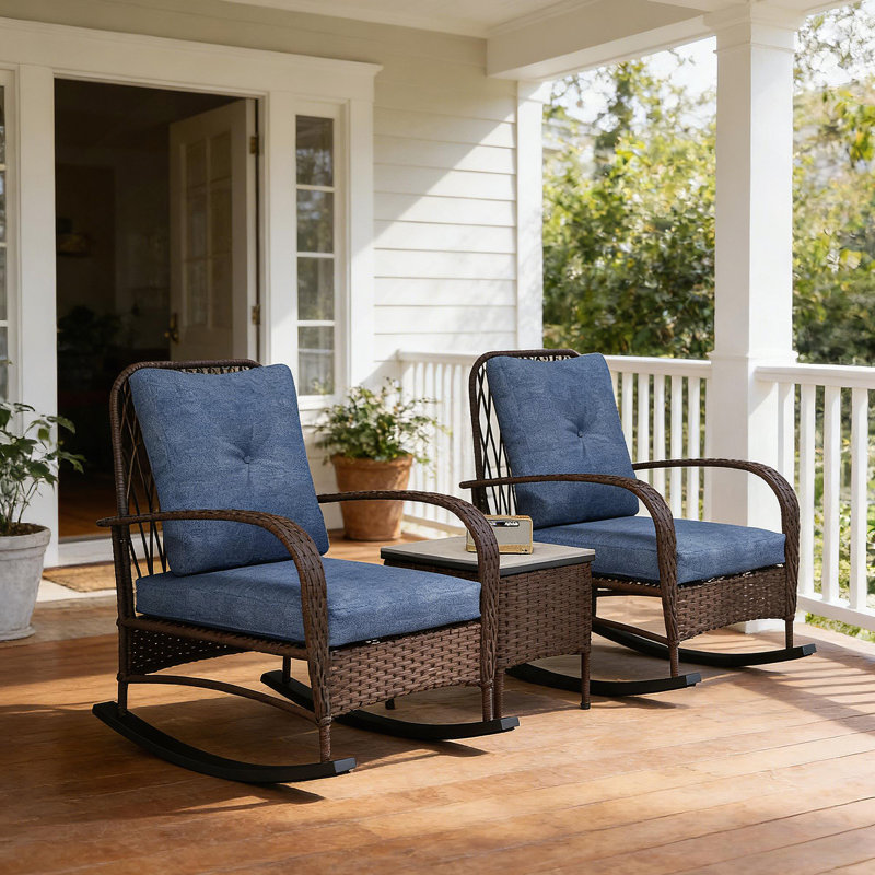 3-Piece Wicker Patio Bistro Set, Dark Blue, Brown
