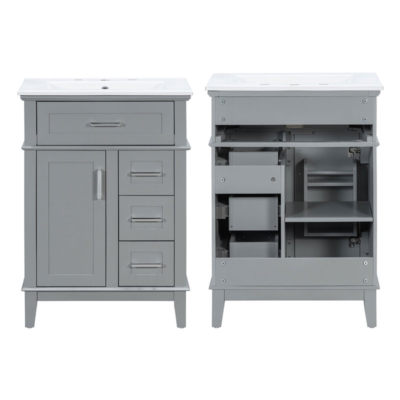 Meuble-lavabo autoportant de 24 po avec lavabo en céramique, porte et tiroirs à fermeture en douceur, rangement multicouche