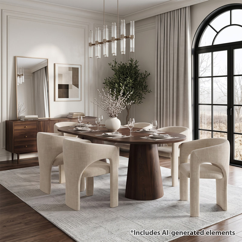 Ensemble de salle à manger rond à ovale extensible avec fauteuils demi-tonneau en chenille, Beige