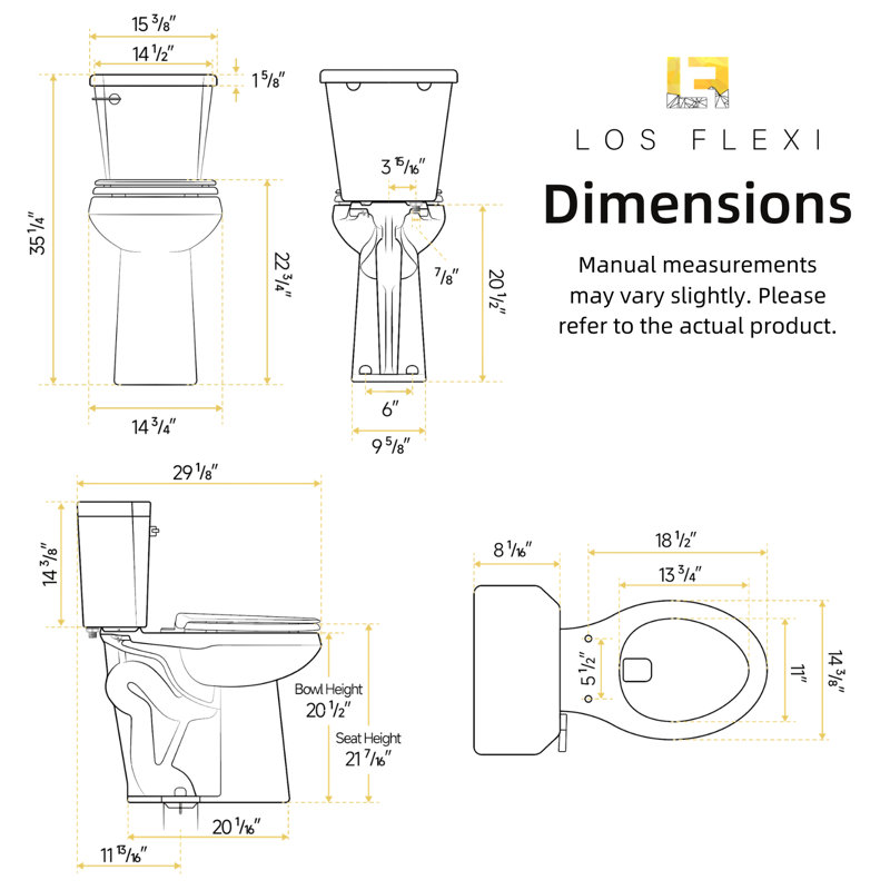 Los Flexi Extra Tall Two-Piece Toilet with Elongated Bowl, Soft-Close Seat, and 1.28 GPF Flush