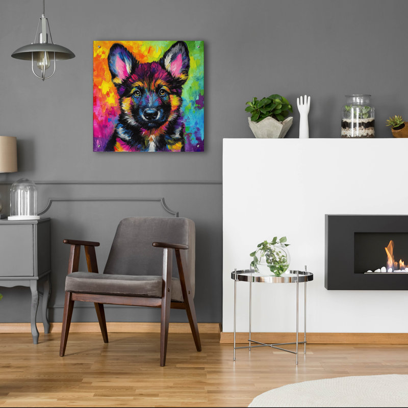  «Wouf German Shepherd» par Rich Monet, art mural en verre acrylique, 24 po x 24 po, H 24 po x l 24 po