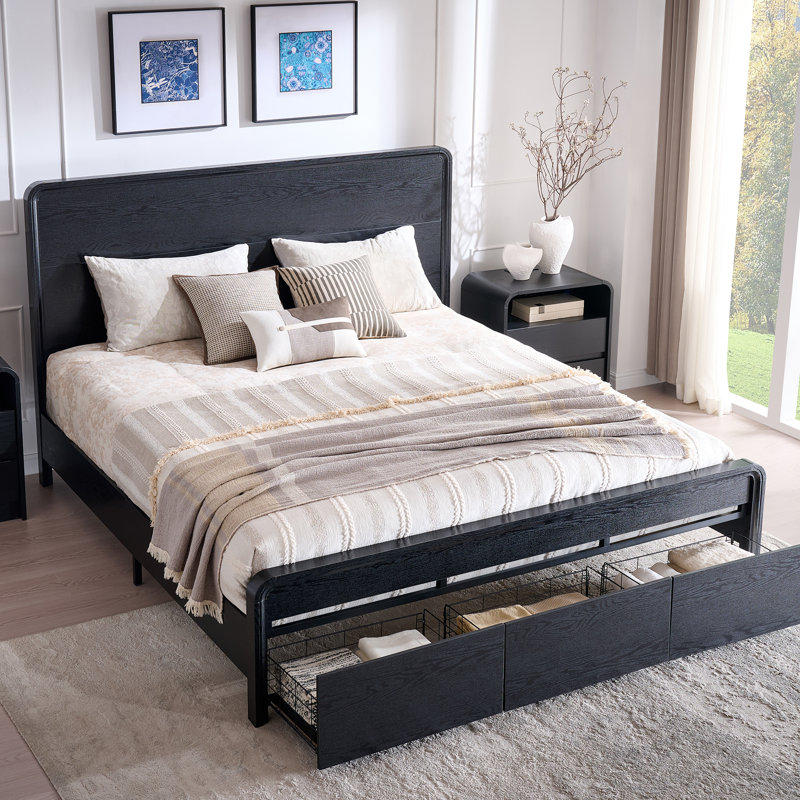 Base de lit très grand Maud avec tête de lit de 50 po de hauteur, cadre de lit plateforme en bois avec pied de lit courbé de 18,86 po et 3 grands tiroirs de rangement, aucun sommier tapissier nécessaire
