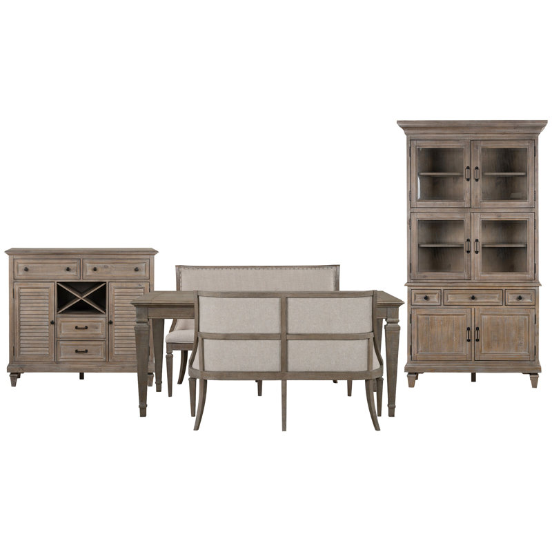 Extendable Rectangular Dining Table With 2 Upholstered Benches Server And Dining Cabinet