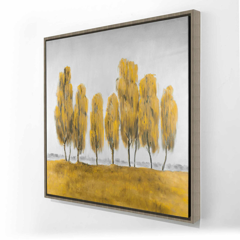 Sept arbres jaunes abstraits - décor de toile encadrée grise, Brun