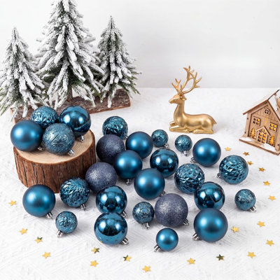Christmas Ball Ornaments - Plastic Hanging Tree Decorations with Assorted Designs, Festive Holiday Ornament Collection for Christmas Tree Decor Blue